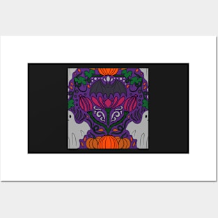 Purple Halloween Damask Print Spooky Ghosts, Bats, and Pumpkins Print Posters and Art